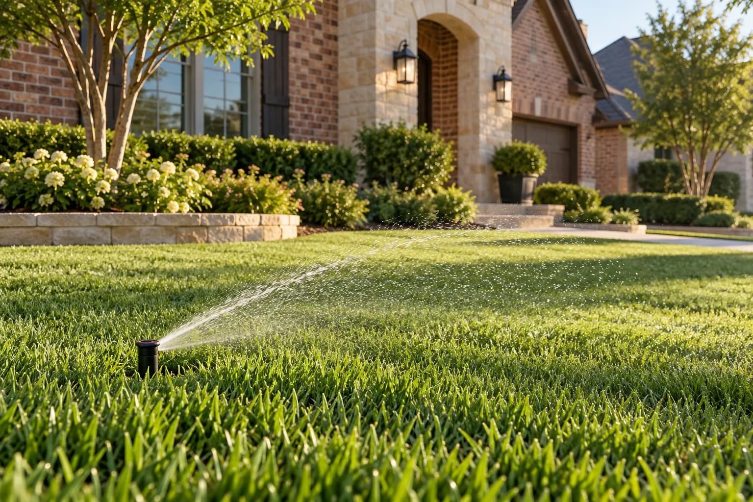 Pop-up sprinkler watering a green residential lawn in morning light