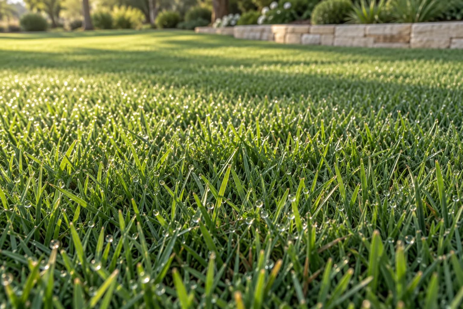 Fine Bermuda turf blades with natural morning dew