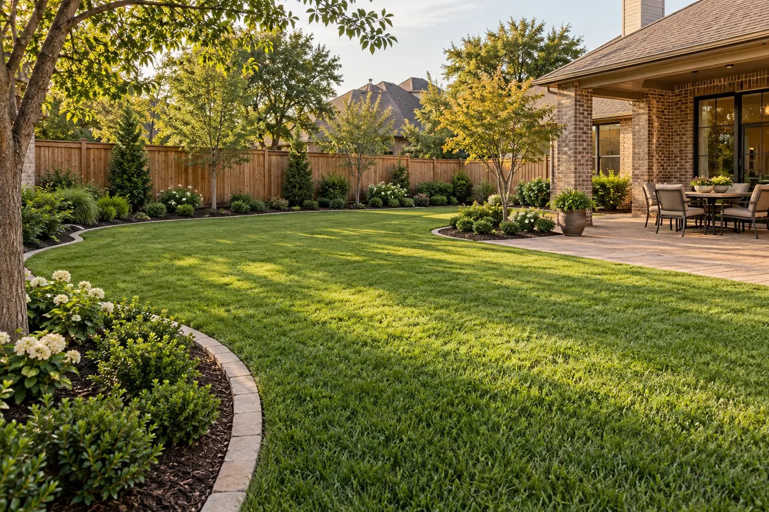 Even backyard lawn bordered by neatly trimmed shrubs and clean beds