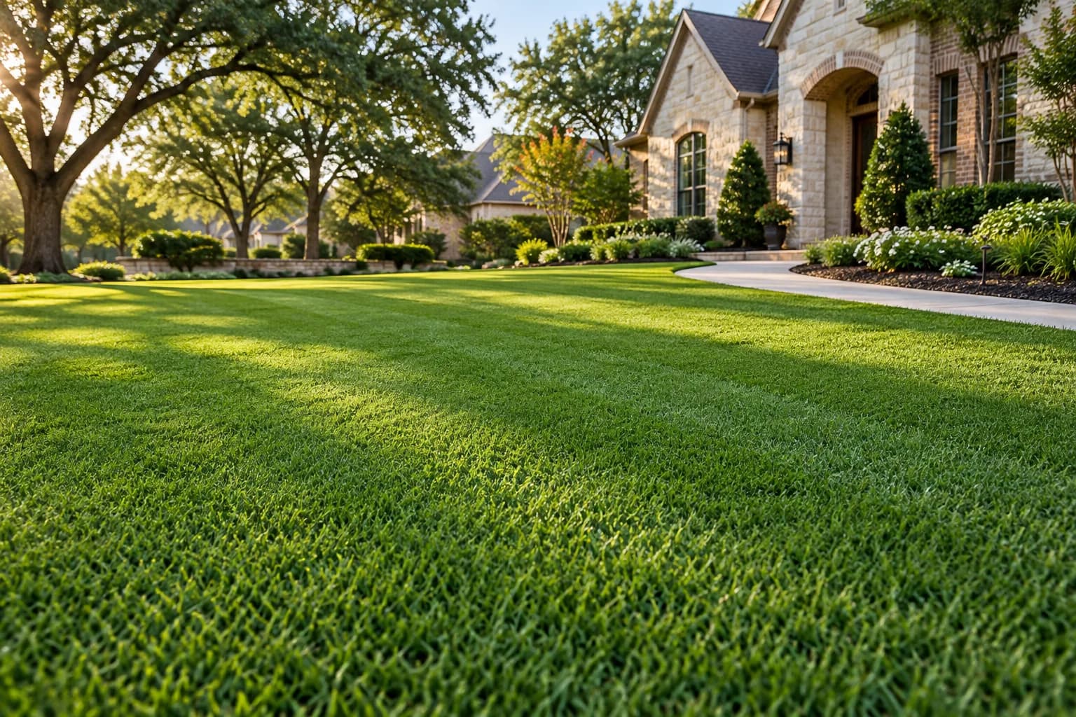 Sunlit Bermuda lawn beside a limestone home and mature shade trees