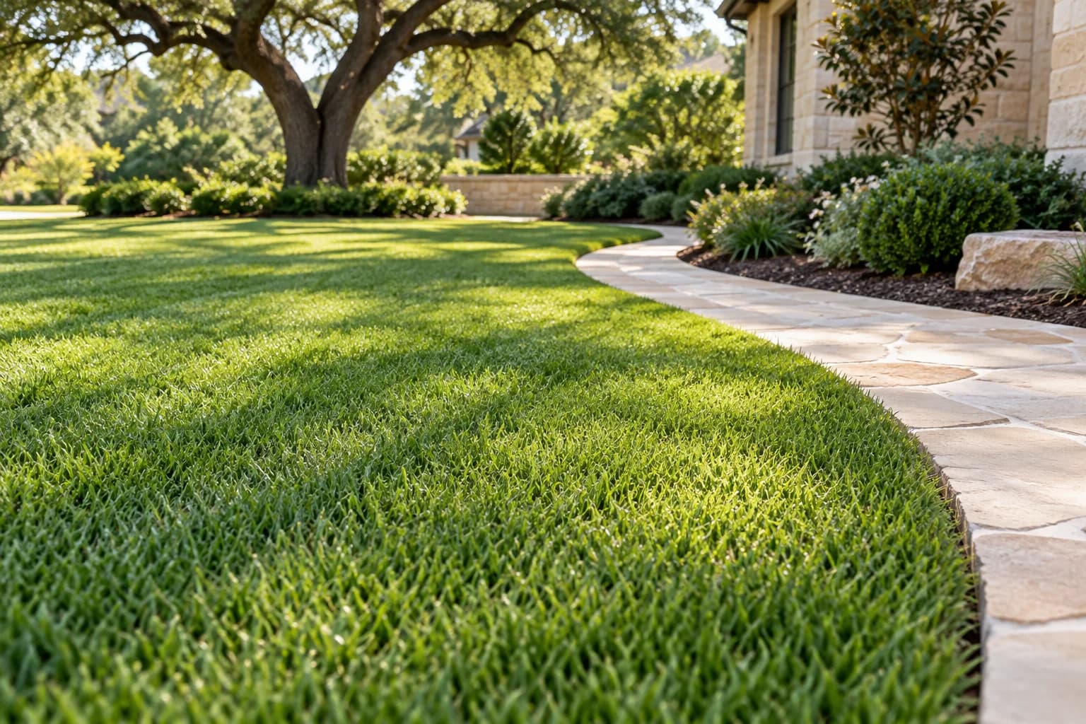 Fine green turf meeting a clean curved stone walkway